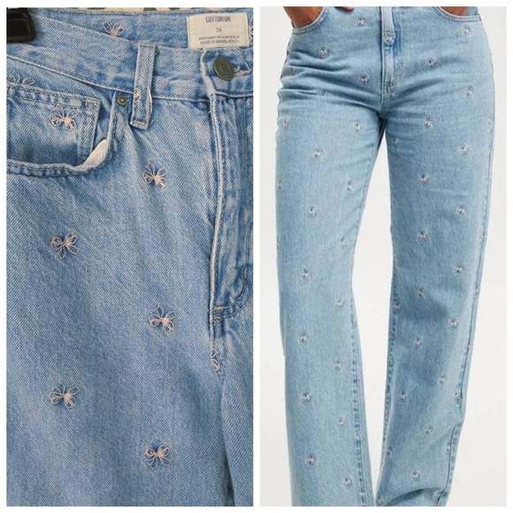 Cotton On Denim - Cotton On Pink Bow Embroidered Loose Straight Jeans